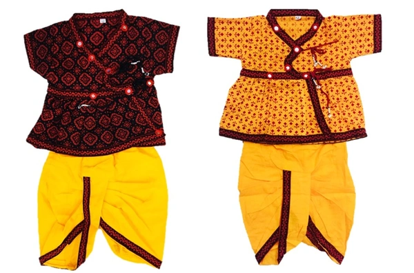 Boys Kids Ethnic Design Printed Cotton Dhoti Kurta Chaniya Choli Set For Casual, Festival, occasional Boys set,Mirror work - 3Y - 4Y