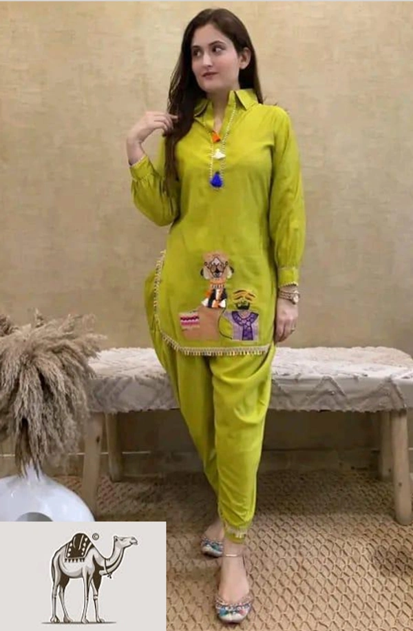 PK HUB Women's Embroidered Rayon Camel embroidery work  A-Line Kurti with Dhoti Pant - XL, Green