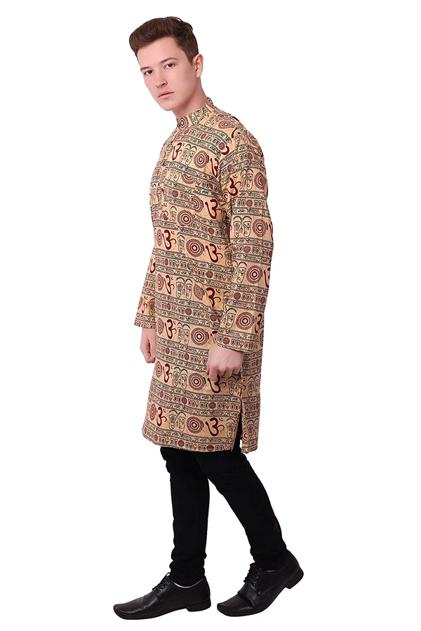 Cotton Blend Om Printed Long Beige Kurta for Men - L