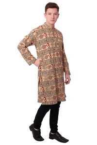 Cotton Blend Om Printed Long Beige Kurta for Men - L