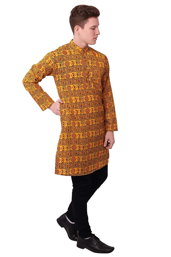 Cotton Blend Om Printed Long Yellow Kurta for Men - M
