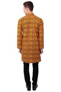 Cotton Blend Om Printed Long Yellow Kurta for Men - M