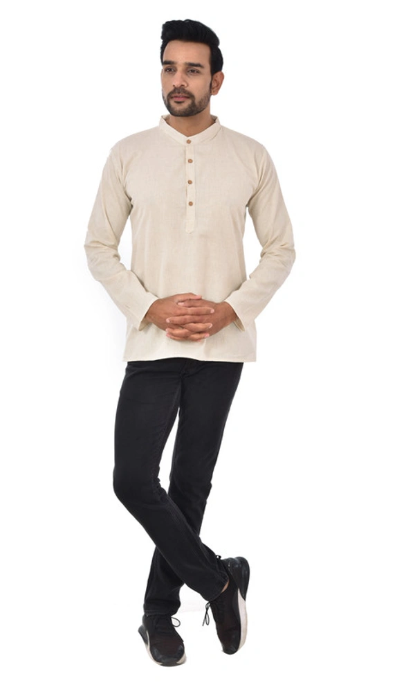 Handloom Khadi Cotton Traditional Men's Short Modi Off White Kurta Full Sleeves Regular Fit and Round Collar - Medium