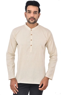Handloom Khadi Cotton Traditional Men's Short Modi Off White Kurta Full Sleeves Regular Fit and Round Collar - Medium