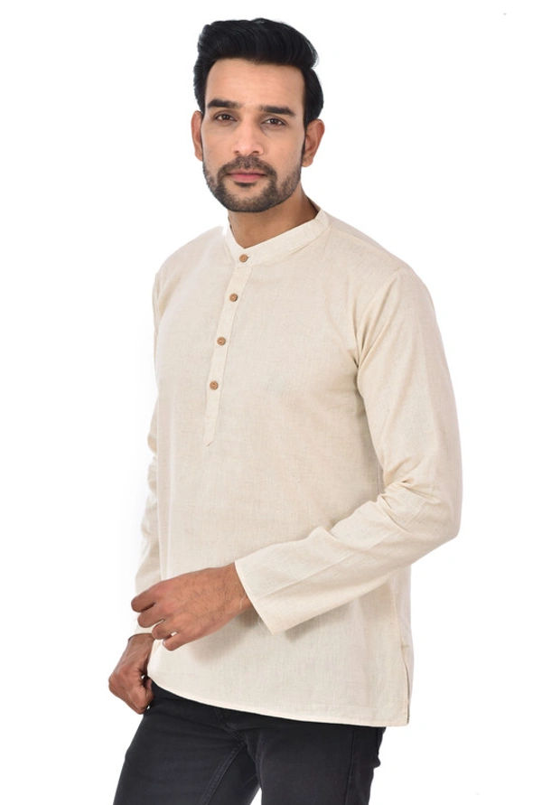 Handloom Khadi Cotton Traditional Men's Short Modi Off White Kurta Full Sleeves Regular Fit and Round Collar - Medium