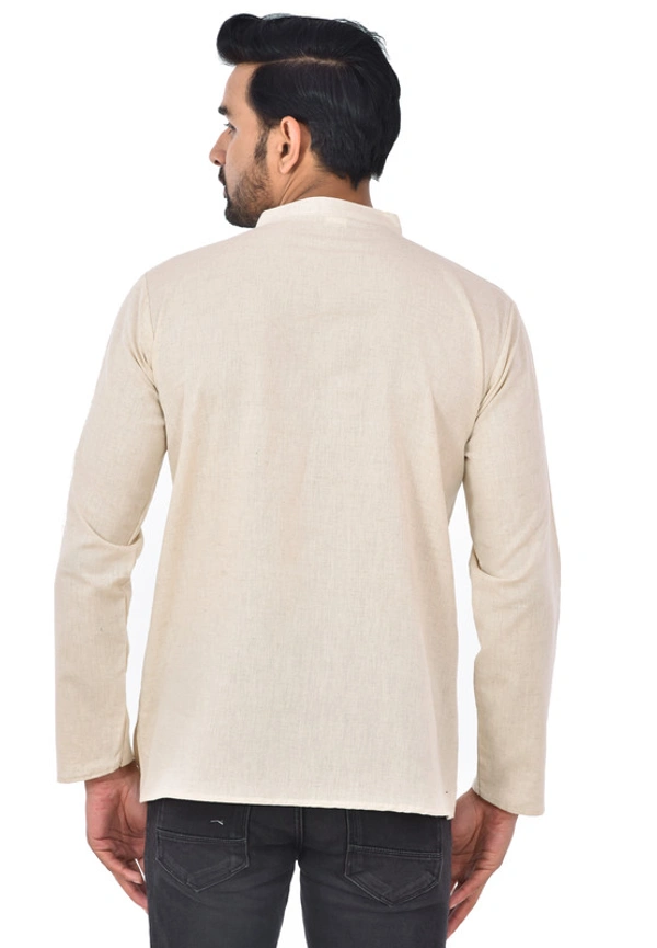 Handloom Khadi Cotton Traditional Men's Short Modi Off White Kurta Full Sleeves Regular Fit and Round Collar - Medium