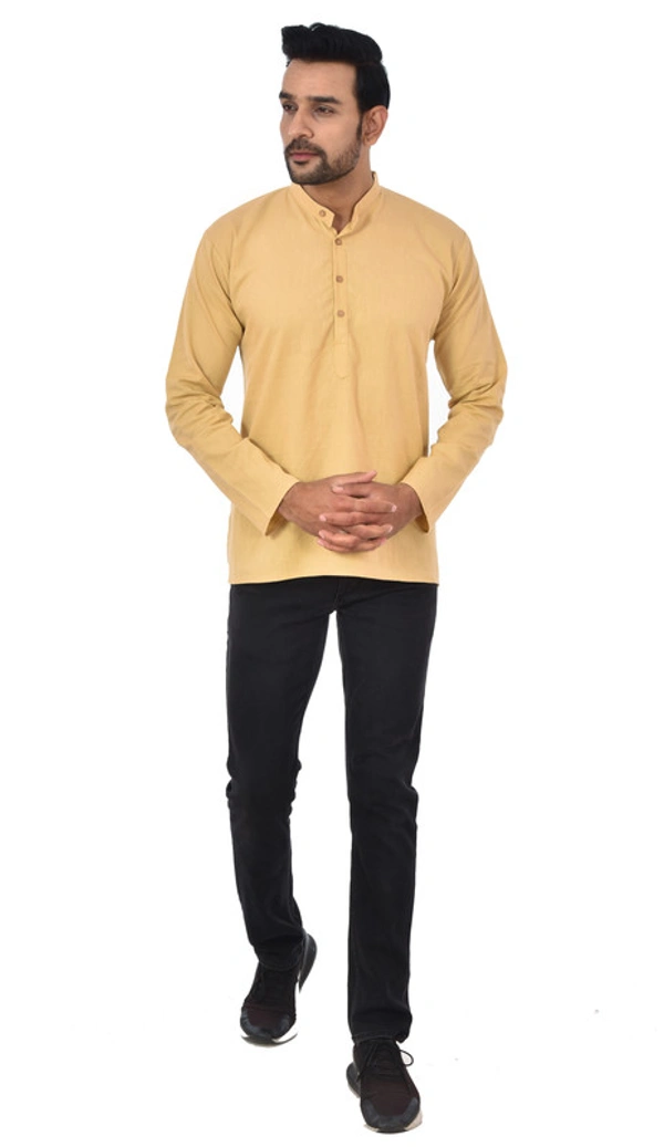 Handloom Khadi Cotton Traditional Men's Short Modi Beige Kurta Full Sleeves Regular Fit and Round Collar - X-Large