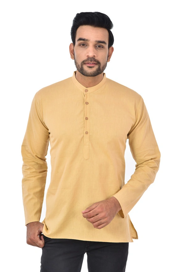 Handloom Khadi Cotton Traditional Men's Short Modi Beige Kurta Full Sleeves Regular Fit and Round Collar - X-Large