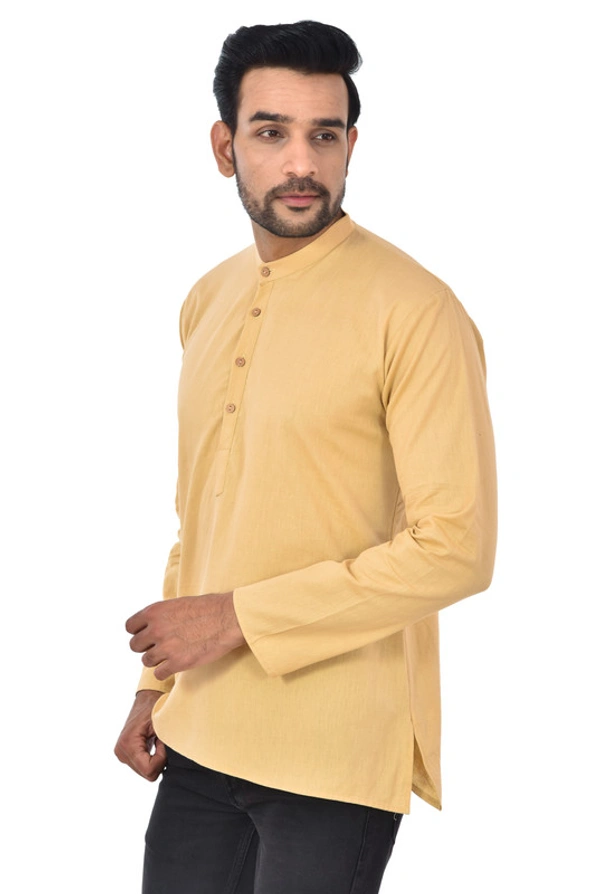 Handloom Khadi Cotton Traditional Men's Short Modi Beige Kurta Full Sleeves Regular Fit and Round Collar - X-Large