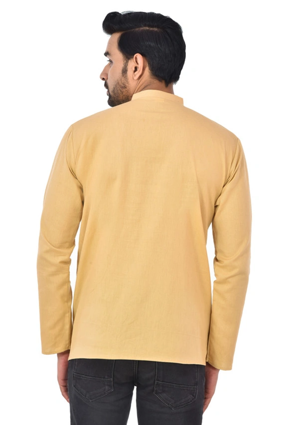 Handloom Khadi Cotton Traditional Men's Short Modi Beige Kurta Full Sleeves Regular Fit and Round Collar - X-Large