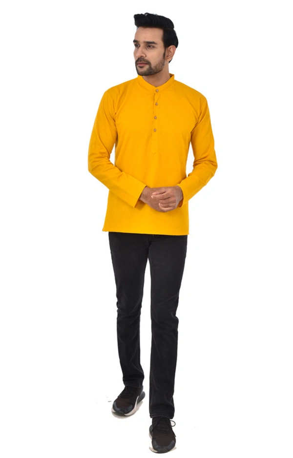 Handloom Khadi Cotton Traditional Men's Short Modi Yellow Kurta Full Sleeves Regular Fit and Round Collar - X-Large