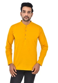 Handloom Khadi Cotton Traditional Men's Short Modi Yellow Kurta Full Sleeves Regular Fit and Round Collar - X-Large