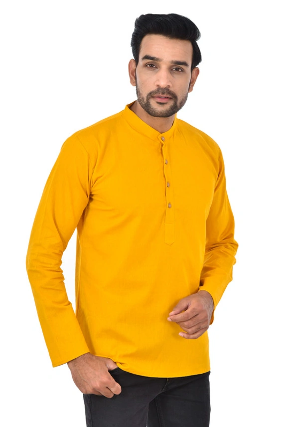 Handloom Khadi Cotton Traditional Men's Short Modi Yellow Kurta Full Sleeves Regular Fit and Round Collar - X-Large