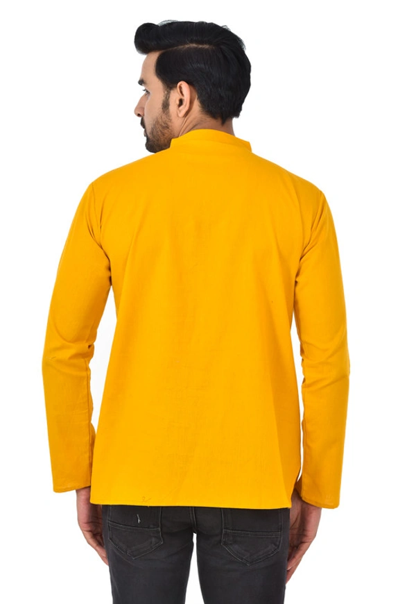 Handloom Khadi Cotton Traditional Men's Short Modi Yellow Kurta Full Sleeves Regular Fit and Round Collar - X-Large