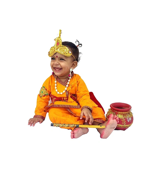 Krishna Kids Ethnic wear Costume in Cotton Fabric,Krishna Dress Yellow (Pack of 8 - Kurta, Dhoti, Bansuri, Mor Pankh, Mukut, Bandhni, Kundal, Mala) - 3M - 6M
