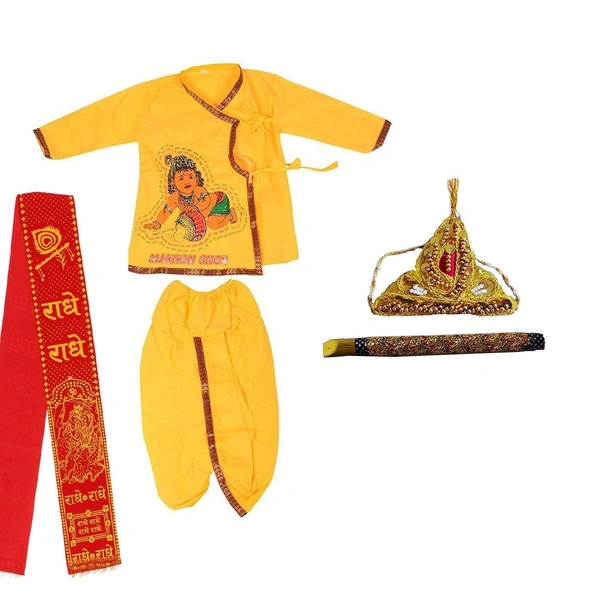 Krishna Kids Ethnic wear Costume in Cotton Fabric,Krishna Dress Yellow (Pack of 8 - Kurta, Dhoti, Bansuri, Mor Pankh, Mukut, Bandhni, Kundal, Mala) - 3M - 6M