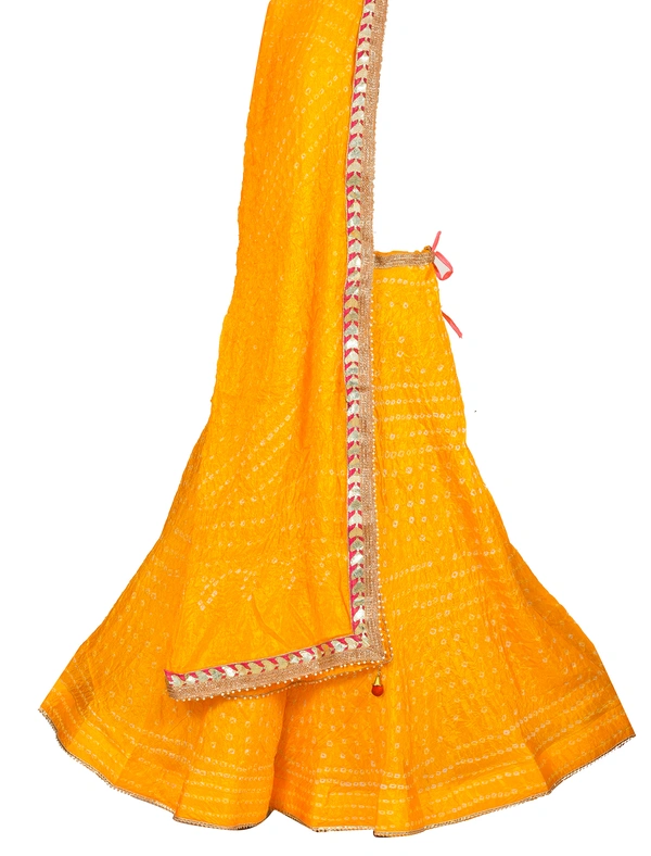 Lehenga Georgette with Bandhej Dupatta With Gota Patti Border & Dupin Blouse, Free Size - Yellow