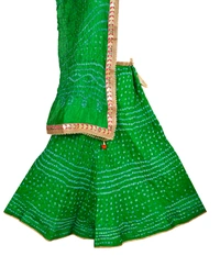 Lehenga Georgette with Bandhej Dupatta With Gota Patti Border & Dupin Blouse, Free Size - Green