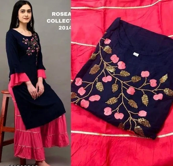 PK HUB  New Women's Rayon Embroidery Kurti with  white Palazzo set - 4XL, Navy Blue