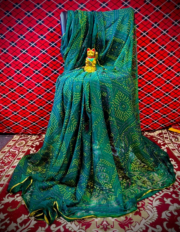 PK HUB Women's Chiffon BANDHANI Saree With Blouse Piece - Green
