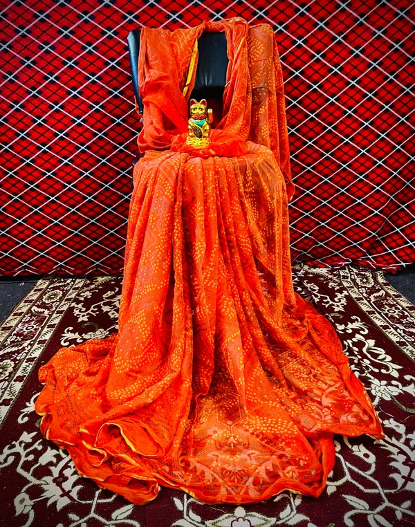 PK HUB Women's Chiffon BANDHANI Saree With Blouse Piece - Orange