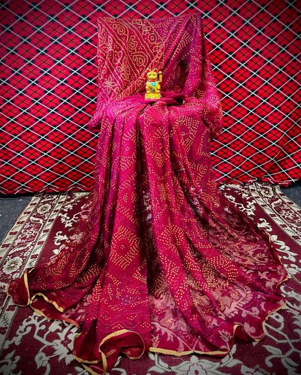 PK HUB Women's Chiffon BANDHANI Saree With Blouse Piece - Maroon