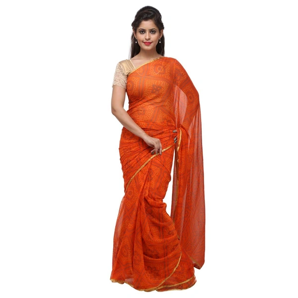 PK HUB Women's Chiffon BANDHANI Saree With Blouse Piece - Orange