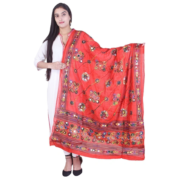 PK HUB Women's Embroidery Mirror Work Multi-Colour Kutch Work Cotton Dupatta Chakachak - FREE SIZE, Red