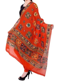 PK HUB Women's Embroidery Mirror Work Multi-Colour Kutch Work Cotton Dupatta Chakachak - FREE SIZE, Orange