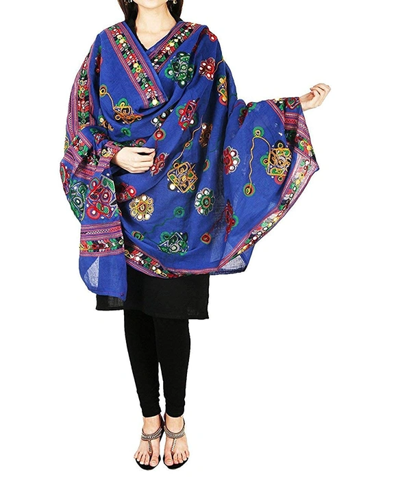 PK HUB Women's Embroidery Mirror Work Multi-Colour Kutch Work Cotton Dupatta Chakachak - FREE SIZE, Navy Blue