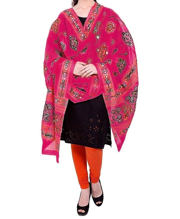 PK HUB Women's Embroidery Mirror Work Multi-Colour Kutch Work Cotton Dupatta Chakachak - FREE SIZE, Pink