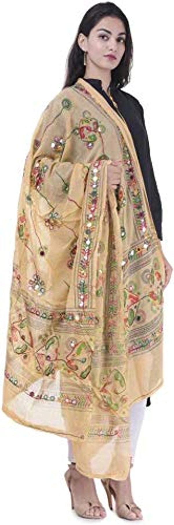 PK HUB Women's Embroidery Mirror Work Multi-Colour Kutch Work Cotton Dupatta Chakachak - FREE SIZE, Beige