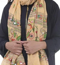 PK HUB Women's Embroidery Mirror Work Multi-Colour Kutch Work Cotton Dupatta Chakachak - FREE SIZE, Beige