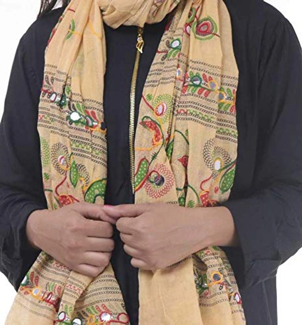 PK HUB Women's Embroidery Mirror Work Multi-Colour Kutch Work Cotton Dupatta Chakachak - FREE SIZE, Beige