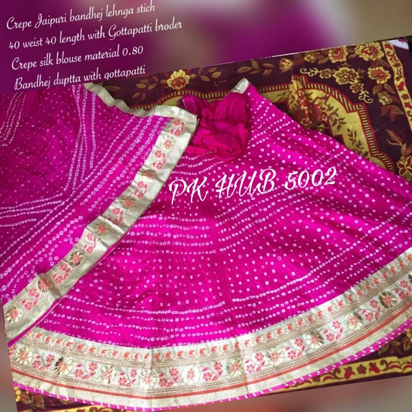 PK HUB Women's Jaipuri Crepe Lehenga Choli with Art Silk bandhej Dupatta Gota Patti Work - Free Size, Pink