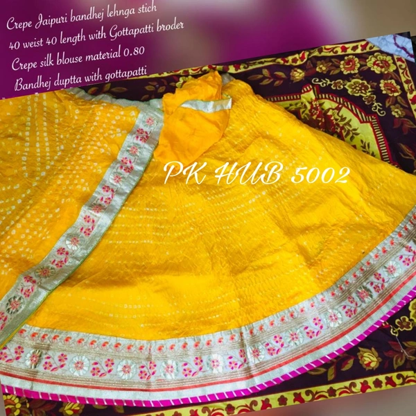 PK HUB Women's Jaipuri Crepe Lehenga Choli with Art Silk bandhej Dupatta Gota Patti Work - Free Size, Yellow