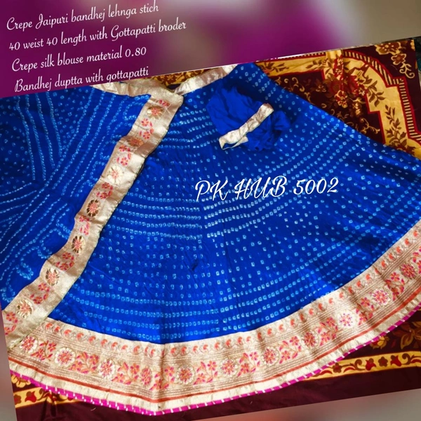 PK HUB Women's Jaipuri Crepe Lehenga Choli with Art Silk bandhej Dupatta Gota Patti Work - Free Size, Blue