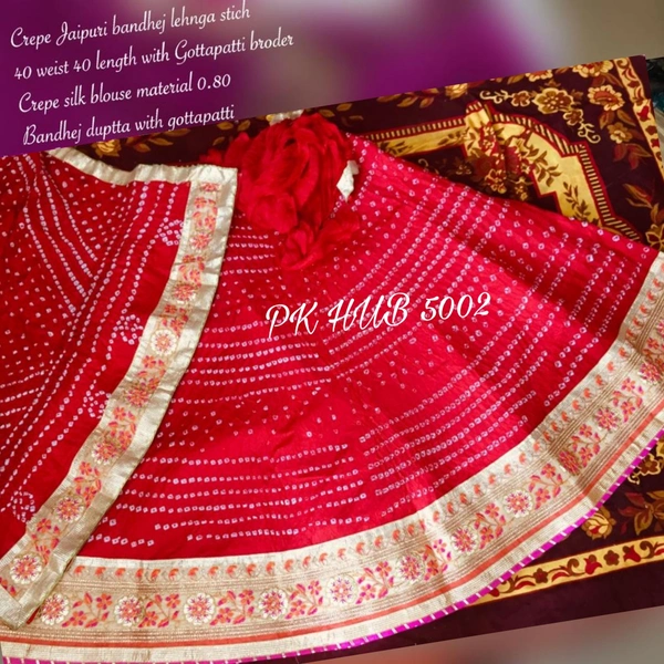 PK HUB Women's Jaipuri Crepe Lehenga Choli with Art Silk bandhej Dupatta Gota Patti Work - Free Size, Red