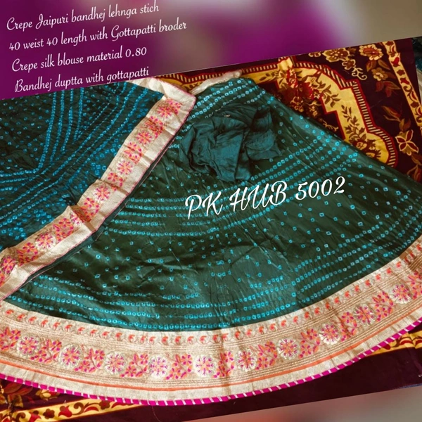 PK HUB Women's Jaipuri Crepe Lehenga Choli with Art Silk bandhej Dupatta Gota Patti Work - Free Size, Green
