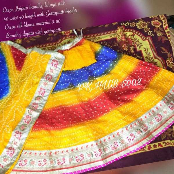 PK HUB Women's Jaipuri Crepe Lehenga Choli with Art Silk bandhej Dupatta Gota Patti Work - Free Size, Multicolor
