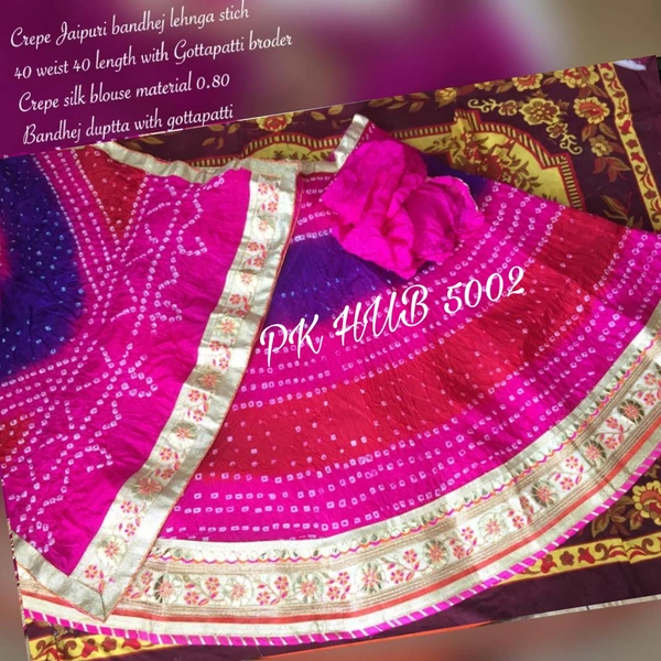 PK HUB Women's Jaipuri Crepe Lehenga Choli with Art Silk bandhej Dupatta Gota Patti Work - Free Size, Multicolor