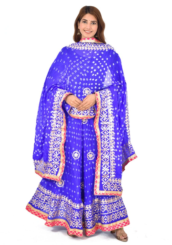 PK HUB Women's Rajasthani Traditional Bhandej Hand Gota Patti Work Lehnga Chunni Set - Free Size, Blue