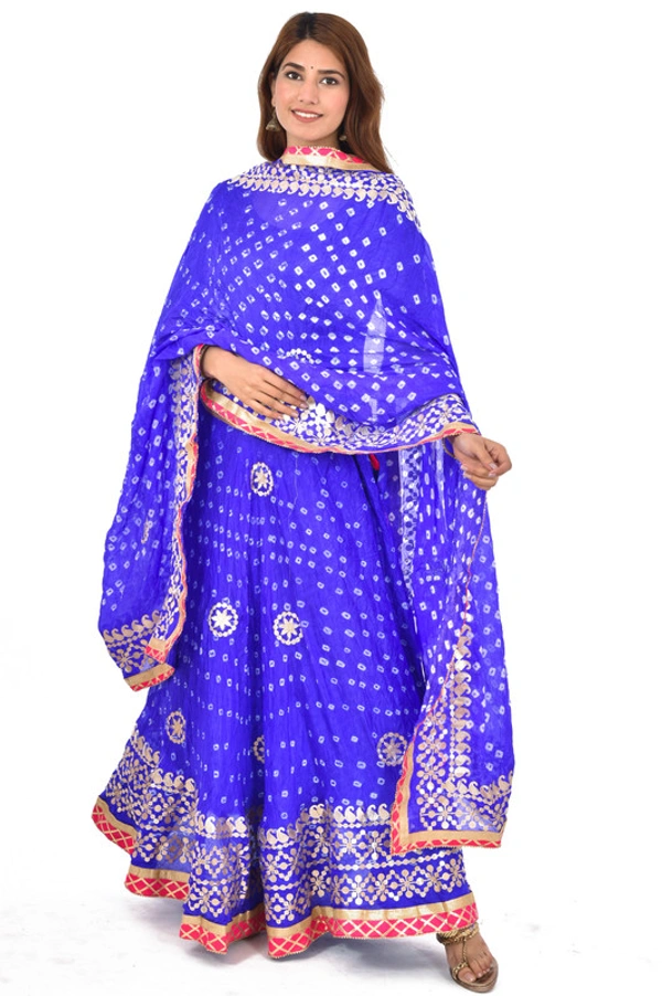 PK HUB Women's Rajasthani Traditional Bhandej Hand Gota Patti Work Lehnga Chunni Set - Free Size, Blue