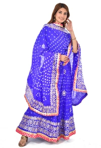 PK HUB Women's Rajasthani Traditional Bhandej Hand Gota Patti Work Lehnga Chunni Set - Free Size, Blue