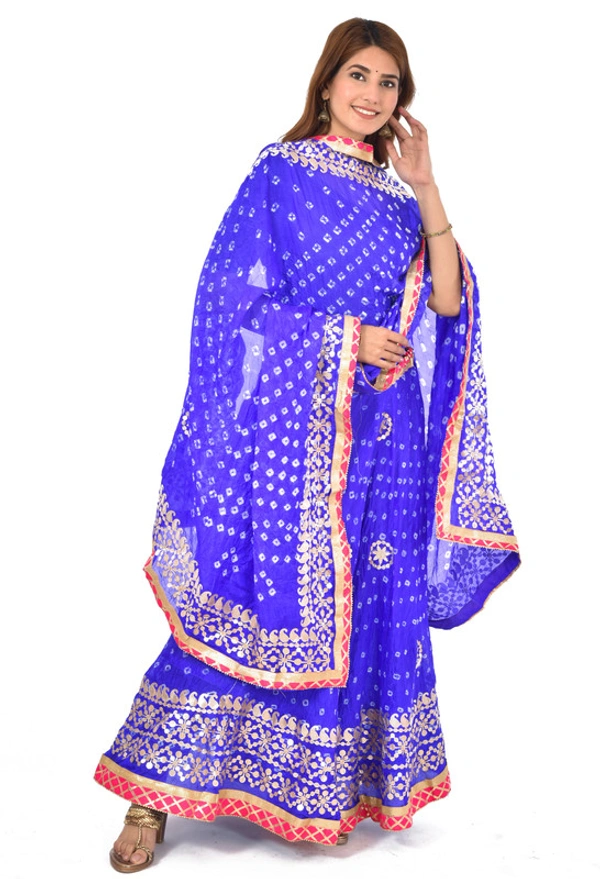 PK HUB Women's Rajasthani Traditional Bhandej Hand Gota Patti Work Lehnga Chunni Set - Free Size, Blue