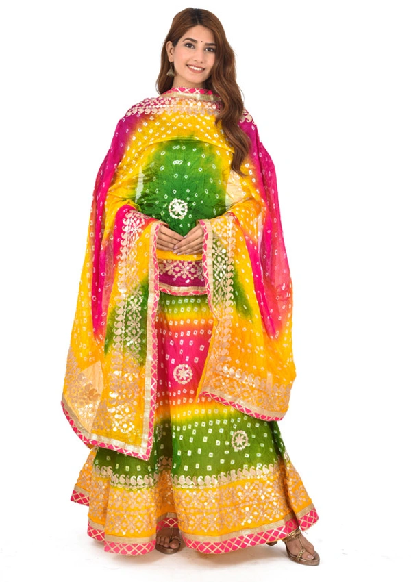 PK HUB Women's Rajasthani Traditional Bhandej Hand Gota Patti Work Lehnga Chunni Set - Free Size, Multicolour