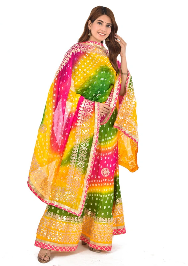PK HUB Women's Rajasthani Traditional Bhandej Hand Gota Patti Work Lehnga Chunni Set - Free Size, Multicolour
