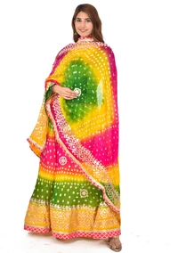 PK HUB Women's Rajasthani Traditional Bhandej Hand Gota Patti Work Lehnga Chunni Set - Free Size, Multicolour