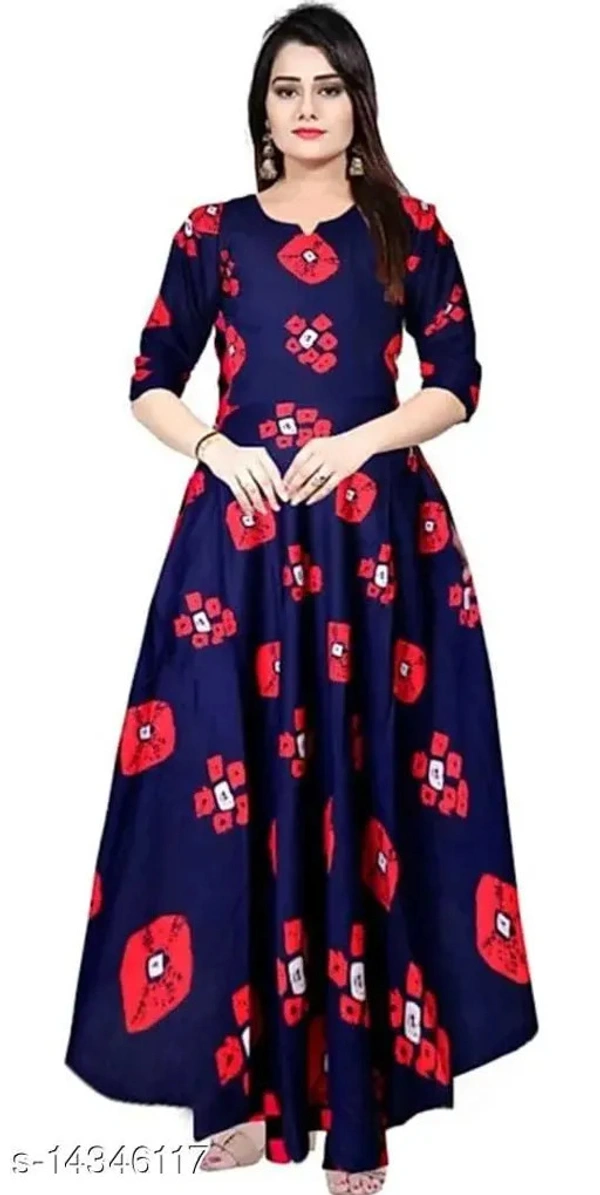 PK HUB Women's Rayon Floral Printed Blue Anarkali Kurta - L, Navy Blue