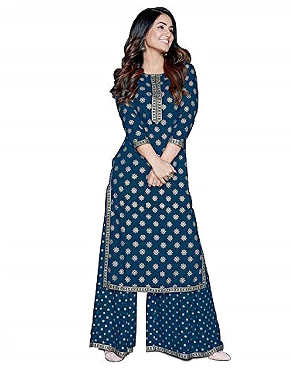PK HUB Women's Rayon Gold Print Blue Kurta and Palazzo Set - XL, BLUE